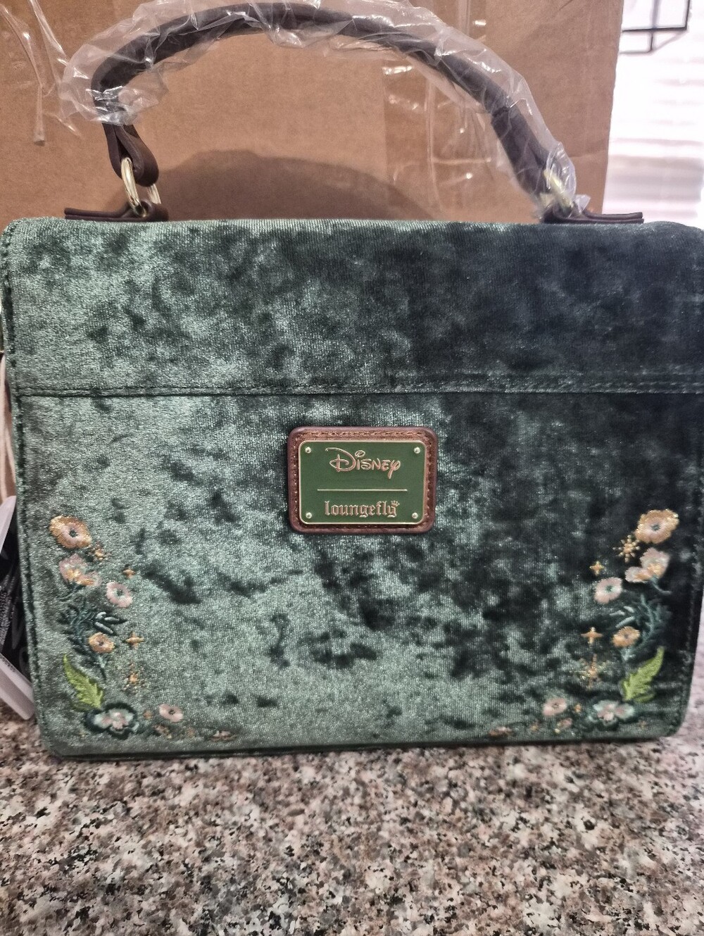 Loungefly Tinker Bell Green Velvet Floral Embroidered Top-Handle Bag And Wallet - Picture 3 of 10